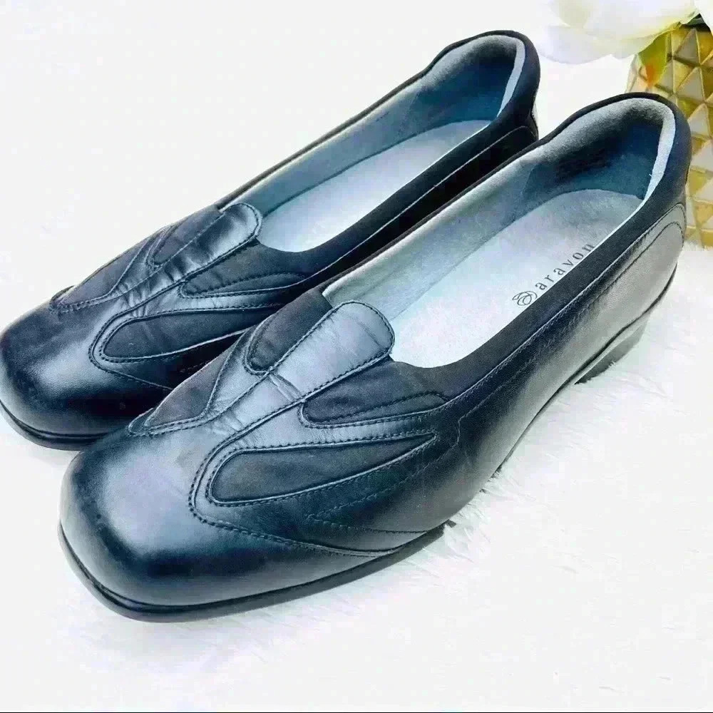 Aravon Black Leather Slip On Comfort Walking Loafer Shoes Size 9B